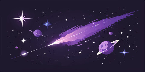 An abstract vector illustration of a space shuttle launch through a dark night sky filled with stars, blue galaxy light, and a distant planet in the outer universe © AbidurRahman