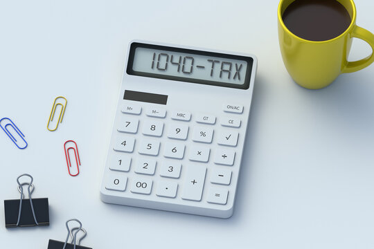 1040 tax words on calculator on workspace. Taxpayer obligations. Accounting services. Internal revenue service compliance. Financial planning concept. 3d render