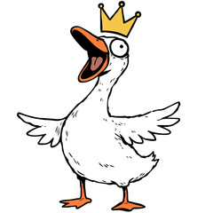 Funny goose wearing a golden crown and looking up shouting with open beak on transparent background, playful character for kids © logonv