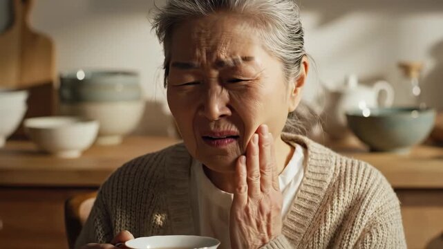 Senior asian woman drinking tea experiences sudden toothache, holding her cheek in pain due to sensitive teeth.