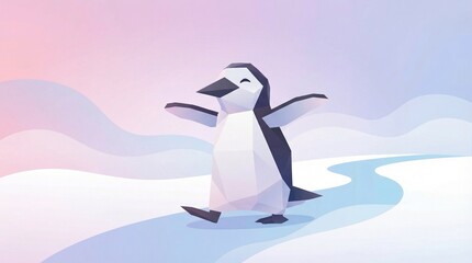 Introverted Penguin Walking Confidently on Its Own Path in a Pastel Minimalist Landscape