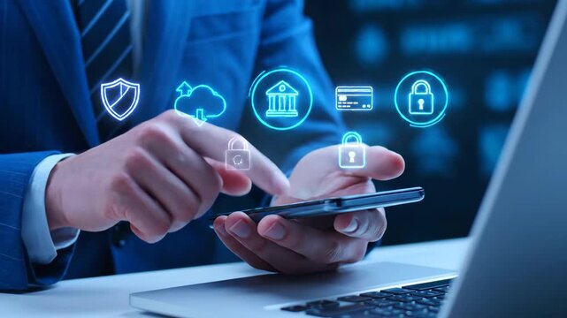 Man in blue suit using smartphone with digital icons for security finance and cloud services.