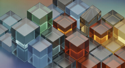 Fototapeta premium 3D Cubes with Neon Lighting in Futuristic Style with Gradient Colors on Reflective Surface for Technology Background