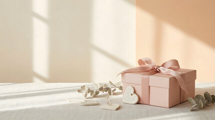 Pink Gift Box with Satin Ribbon and Heart Decor in Soft Sunlight