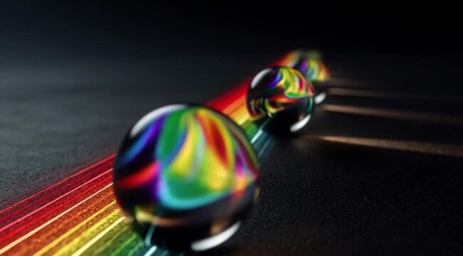 Bolinhas transparentes rolando sobre superf&iacute;cie arco-&iacute;ris iridescente, fundo abstrato colorido com reflexos de luz, textura vibrante e efeito prism&aacute;tico