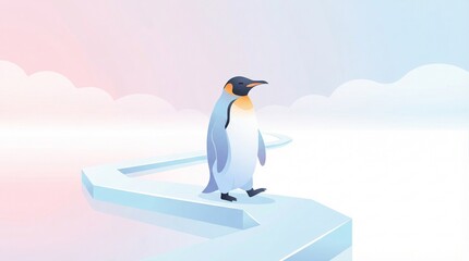 Introverted Penguin Walking Confidently on Its Own Path in a Minimalist Dreamlike Landscape