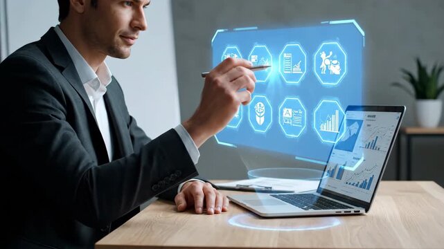 Man in suit interacts with a blue holographic interface displaying business icons and financial data.
