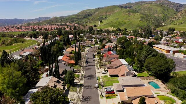 Aerial view of Simi Valley Neighborhood showing homes and apartments and streets 