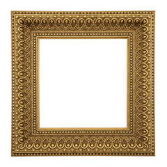Ornate gold square picture frame with intricate decorative patterns, isolated on transparent background.
