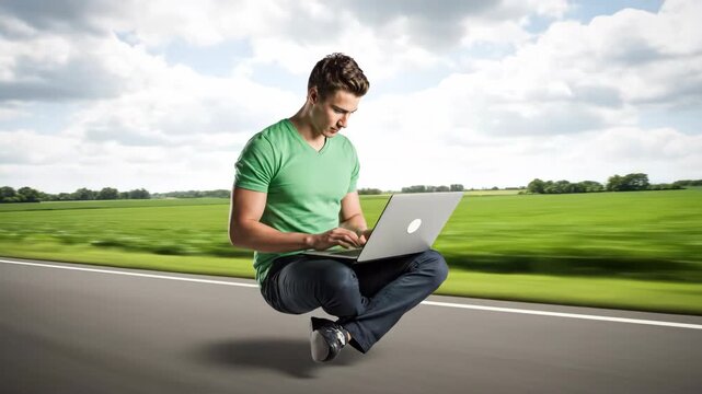 Man levitating over road using laptop outdoors on a sunny day with green fields.