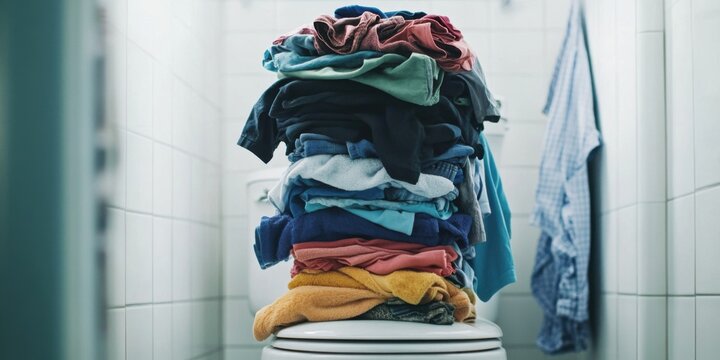 A large laundry pile is growing in the bathroom, causing a cluttered environment
