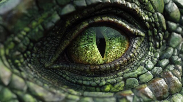Close-up of green reptilian eye with scaly skin texture.