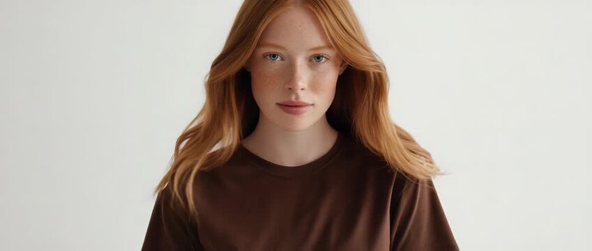 Beautiful Young Woman with Blonde Hair and Freckles Wearing a Casual Brown T-shirt on White Background
