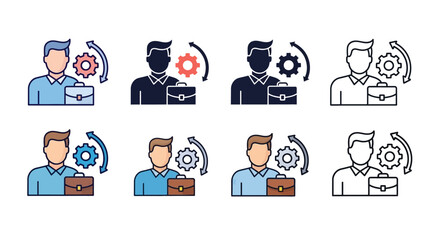Fototapeta premium Assorted icons depicting business professionals and mechanical components in various styles and colors