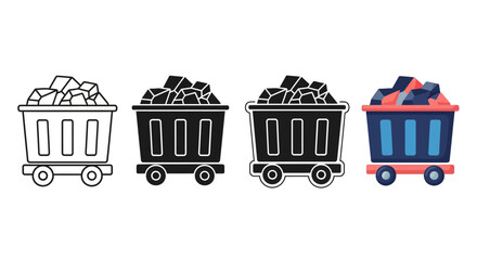 Collection of mine cart icons in various styles and colors, showcasing ore transportation in a mining context.