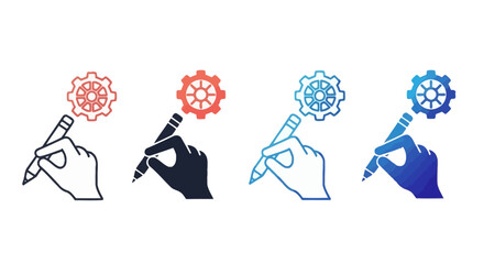 A set of colorful hand icons holding pencils with gears above in a mix sheet style