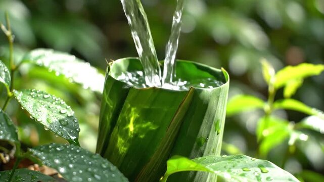 Water streams fill a makeshift green leaf cup nestled among foliage in a lush outdoor setting