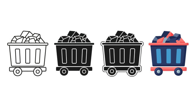 Collection of mine cart icons in various styles and colors, showcasing ore transportation in a mining context.