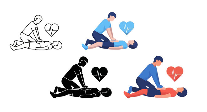 CPR training illustrations mix sheet featuring medical professionals performing life-saving techniques on patients in various poses and environments