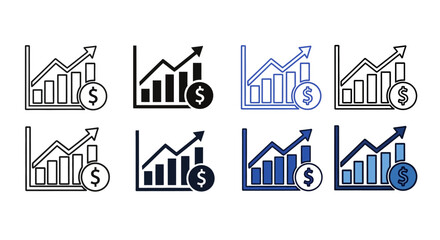 Collection of financial growth icons in various styles and colors representing business success and upward trends in a mix sheet format
