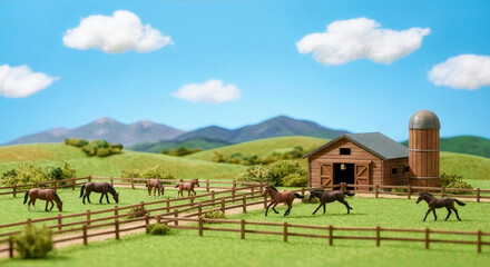 ミニチュア牧場の馬と納屋、のどかな風景