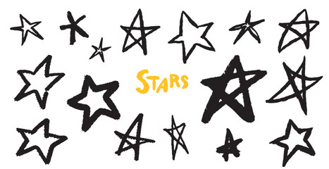 Cute simple stars. Grunge Brush drawn icons done on paper. Colourful yellow stars in different shapes and forms. 