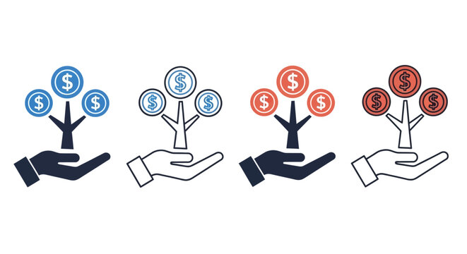 A set of hands nurturing currency trees with dollar signs, showcasing financial growth and investment concepts in a simple illustration style