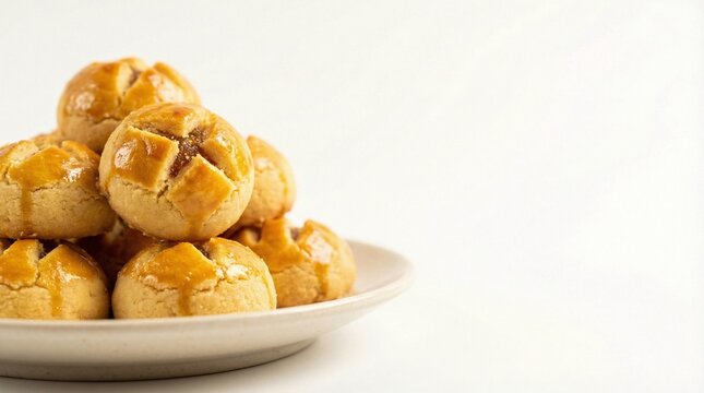 Delicious golden baked pineapple tarts stacked on a white plate, perfect for festive occasions and sweet cravings