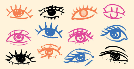 Obraz premium Beautiful collection of grunge women eyes for cosmetics, perfume and beauty designs. Feminism. Skin and face care elements. Brush made cute simple and colourful eyes.