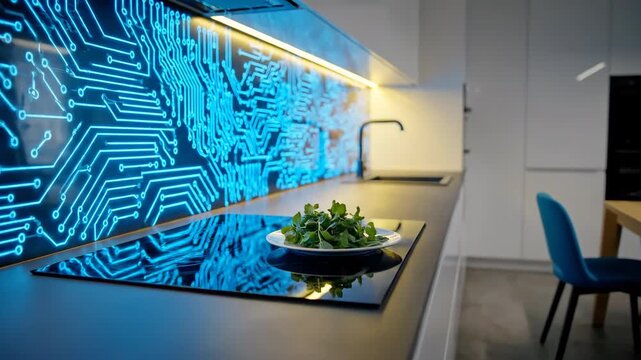 Modern kitchen interior with blue circuit board backsplash illuminated by LED lighting. Plate of fresh greens on the stove.