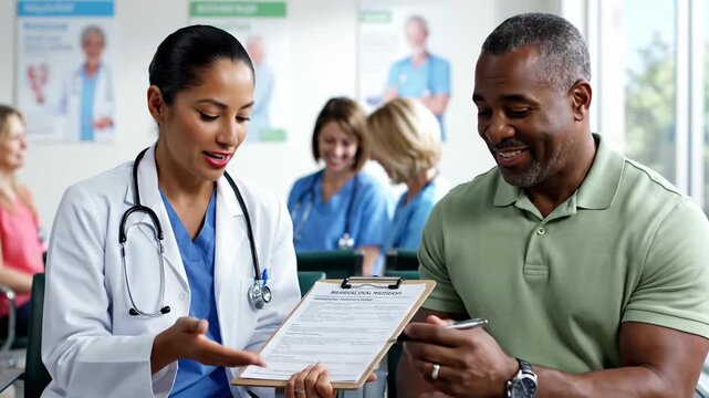 Doctor explains medical form to patient in waiting room, diverse healthcare setting