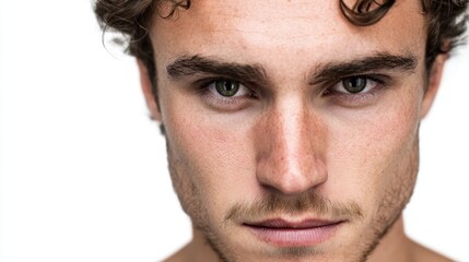 Obraz premium Intense gaze of caucasian young adult male against white background.