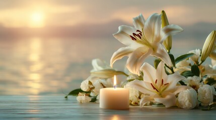 Obraz premium Serene beach sunset with white lilies and candlelight reflection.