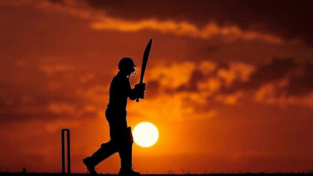 Cricket batsman silhouette playing shot during sunset HD 4k 4K, Batsman shadow with cricket bat against evening sky HD 4k 4K, Young cricket player practicing batting at sunset HD 4k 4K