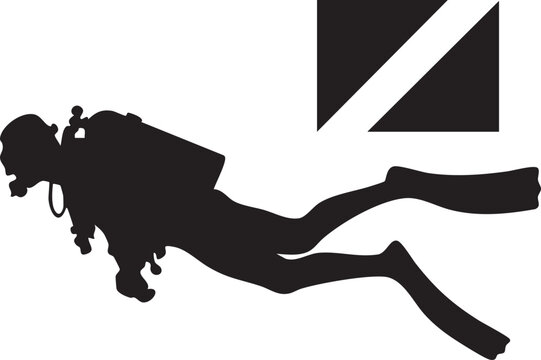 Scuba diver silhouette with diving flag signal in minimalist black and white design, isolated on clean background