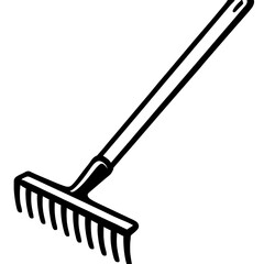 Black and White Vector Illustration of a Long Handled Garden Rake for Yard Work, Landscaping, and Soil Preparation Design