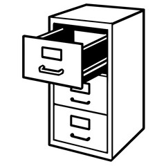 Black and White Vector Illustration of a Metal Filing Cabinet with an Open Drawer for Office Organization, Document Storage, and Business Administration
