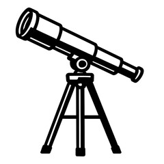 Black and White Vector Illustration of a Professional Astronomical Telescope on a Tripod for Space Exploration, Astronomy Education, and Science Design