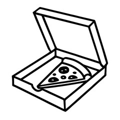 Black and White Vector Illustration of a Single Pepperoni Pizza Slice Inside an Open Cardboard Delivery Box for Food Service and Takeout Design