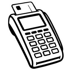 Black and White Vector Illustration of an Electronic POS Terminal with Credit Card for Business Payments, Retail Transactions, and Financial Services Design