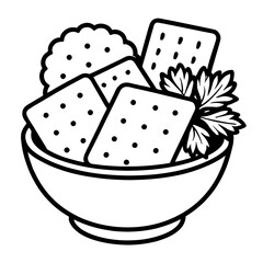 Bowl of Mixed Crackers with Herb Garnish Vector Icon - Minimalist Line Art Illustration for Appetizer Menus, Healthy Snacking, Charcuterie Board Graphics, and Catering Services