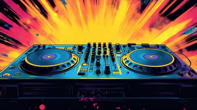 DJ equipment setup for a live music event at a local venue in the evening with colorful lights and energetic atmosphere