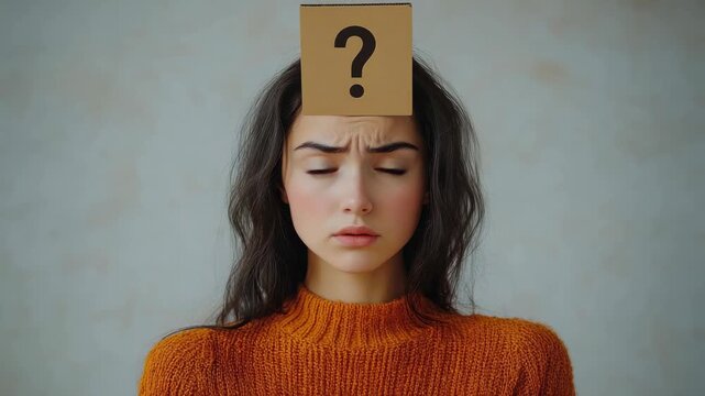 Young person looks confused while holding a question mark sign above head in a simple indoor setting in soft light