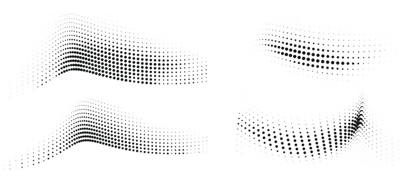 Minimal black halftone dotted wave set with flowing motion on white background, abstract modern elements for branding, presentations, digital layouts and graphic design