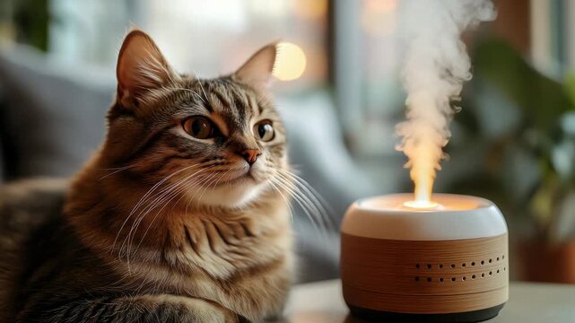 Cat watches steam rising from a diffuser at home during the morning light