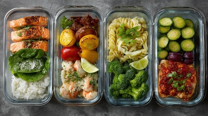 Healthy office lunch meal prep workplace flat lay photography organized food presentation topdown view nutrition concept