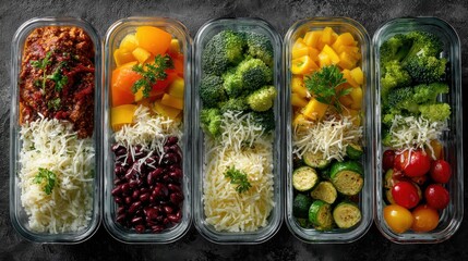Healthy office lunch meal prep top-down flat lay organized containers modern workspace balanced nutrition concept