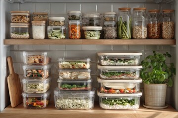 Healthy office lunch ideas refrigerator shelf organization food display clean environment wide view concept of meal prep