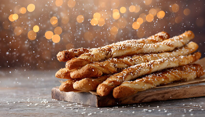 Crunchy breadsticks with sesame seeds on a wooden board against a warm bokeh background in a cozy setting