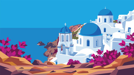 Beautiful Santorini Greece landscape with white buildings and blue domes overlooking the sea. © torik